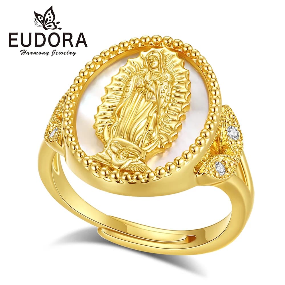 Bague Eudora en cuivre Vierge Marie, nacre blanche, Vierge de Guadalupe, ajustable, amulette chrétie