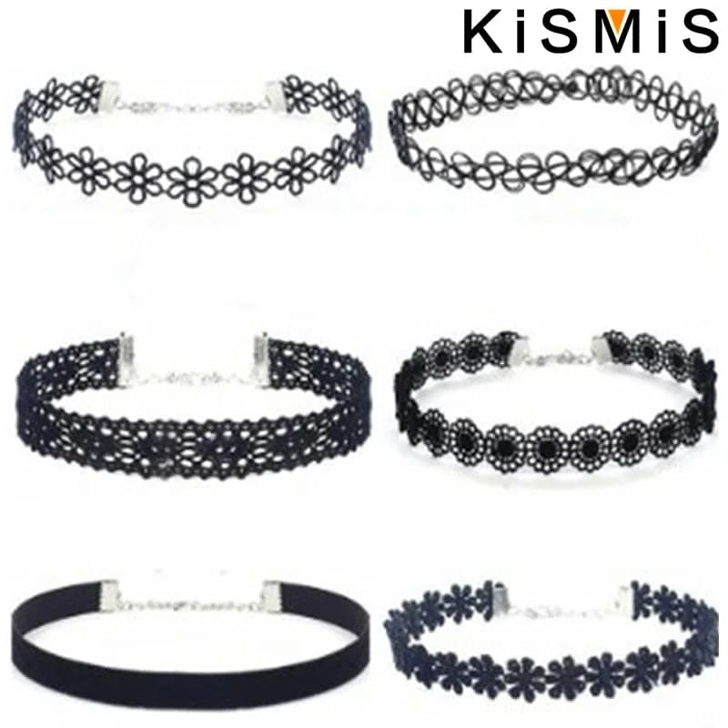 KISMIS 6 pièces/ensemble noir dentelle Sautoirs collier ensemble Vintage gothique Punk élastique col