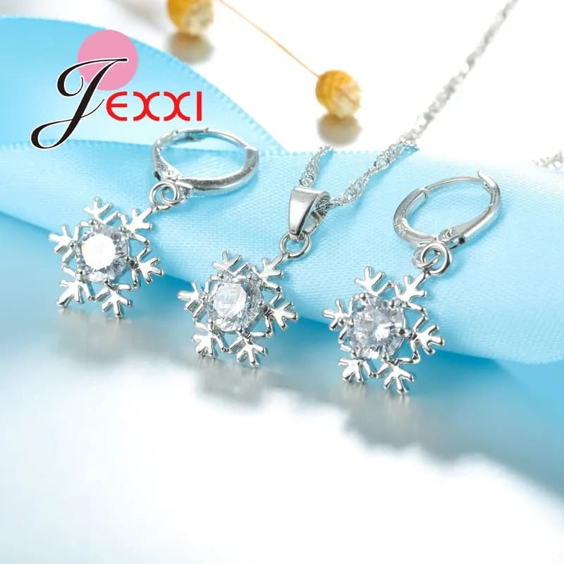 Pendentif flocon de neige en cristal, décoration à la mode, chaîne en argent Sterling 925, ensemble 