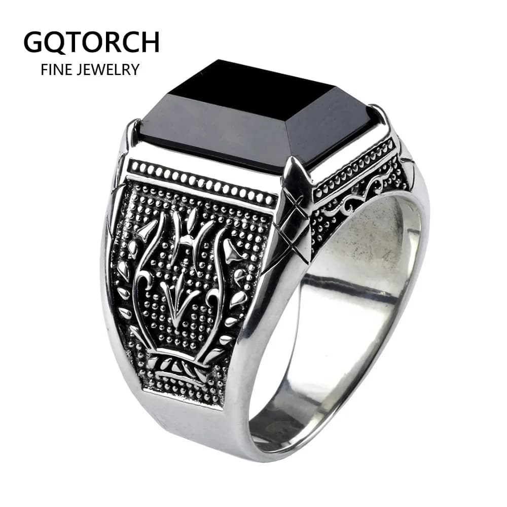 Bagues chevalière en argent Sterling 925 pur pour hommes, avec pierre naturelle d'onyx noir, fleur r