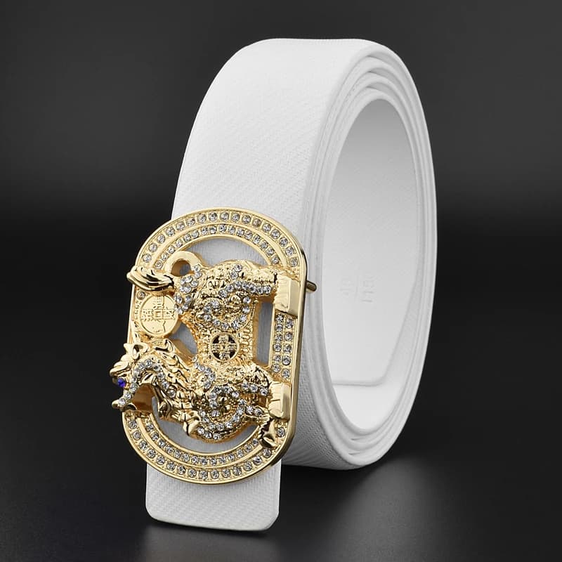 Ceintures en cuir véritable avec boucle dorée pour hommes, style chinois Kylin, ceinture blanche, ce