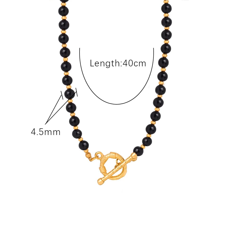 Collier vintage en agate noire pour femmes, plaqué or 18 carats, fermoir à bascule en acier inoxydab