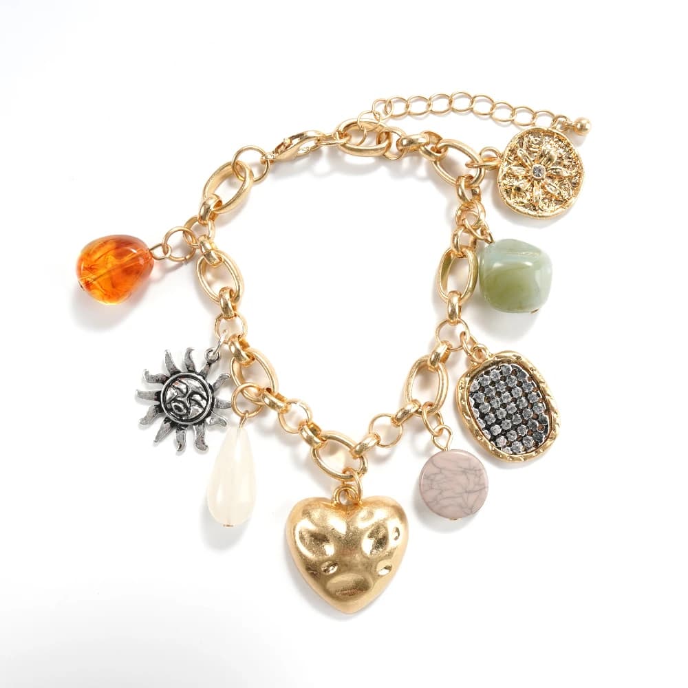 Bracelet Bohème Doré pour Femme - Pendentif Cœur Soleil Vintage avec Perles en Pierre Naturelle, Bij