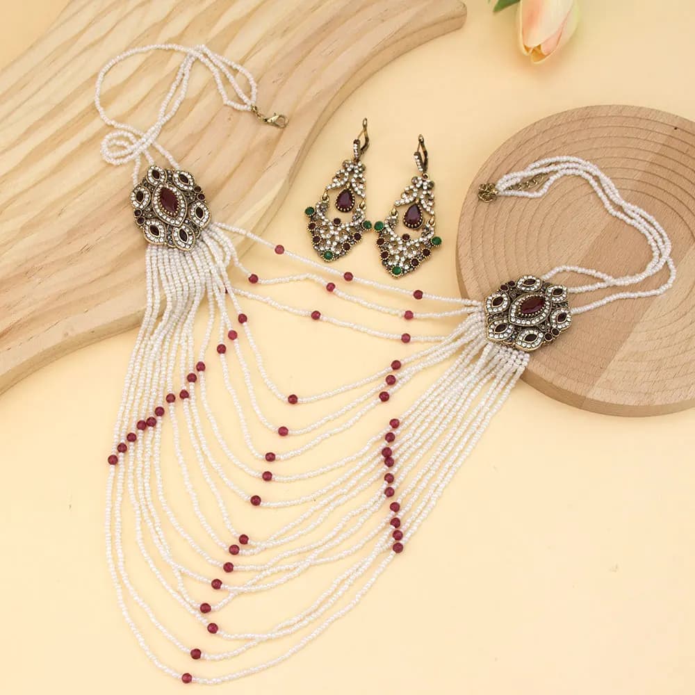Bijoux turques vintage chics pour femmes, tour de cou en perles, multi-bandes, boucle d'oreille JOCr