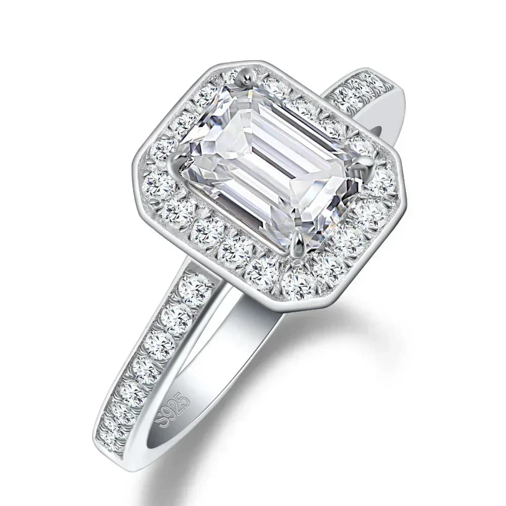 Bague de fiançailles LinkerLove en argent S925 avec moissanite taille émeraude 1 carat et halo de pi