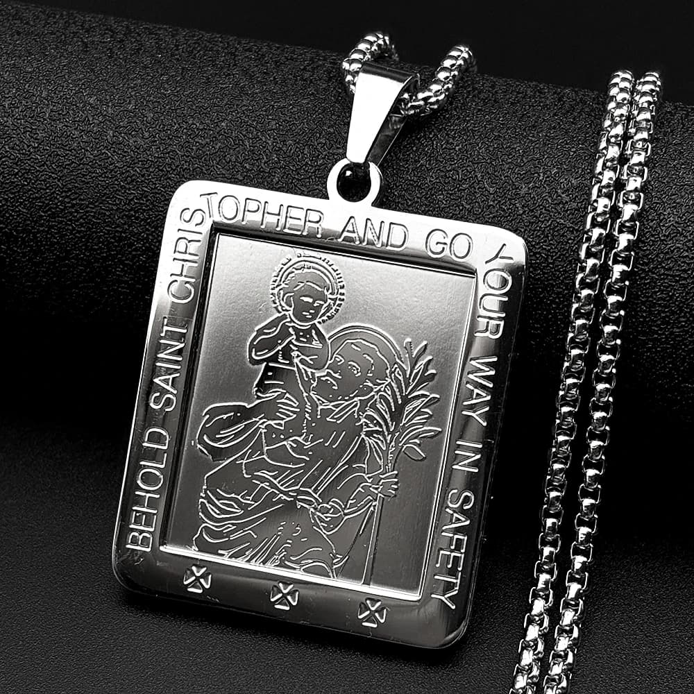 Collier pendentif médaille carrée Saint Christophe « Va en paix » en acier inoxydable couleur or, am