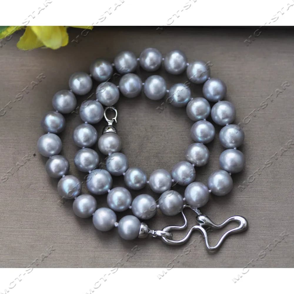 Z14327 A+ Collier de perles d'eau douce rondes grises de 19 pouces et 10 mm