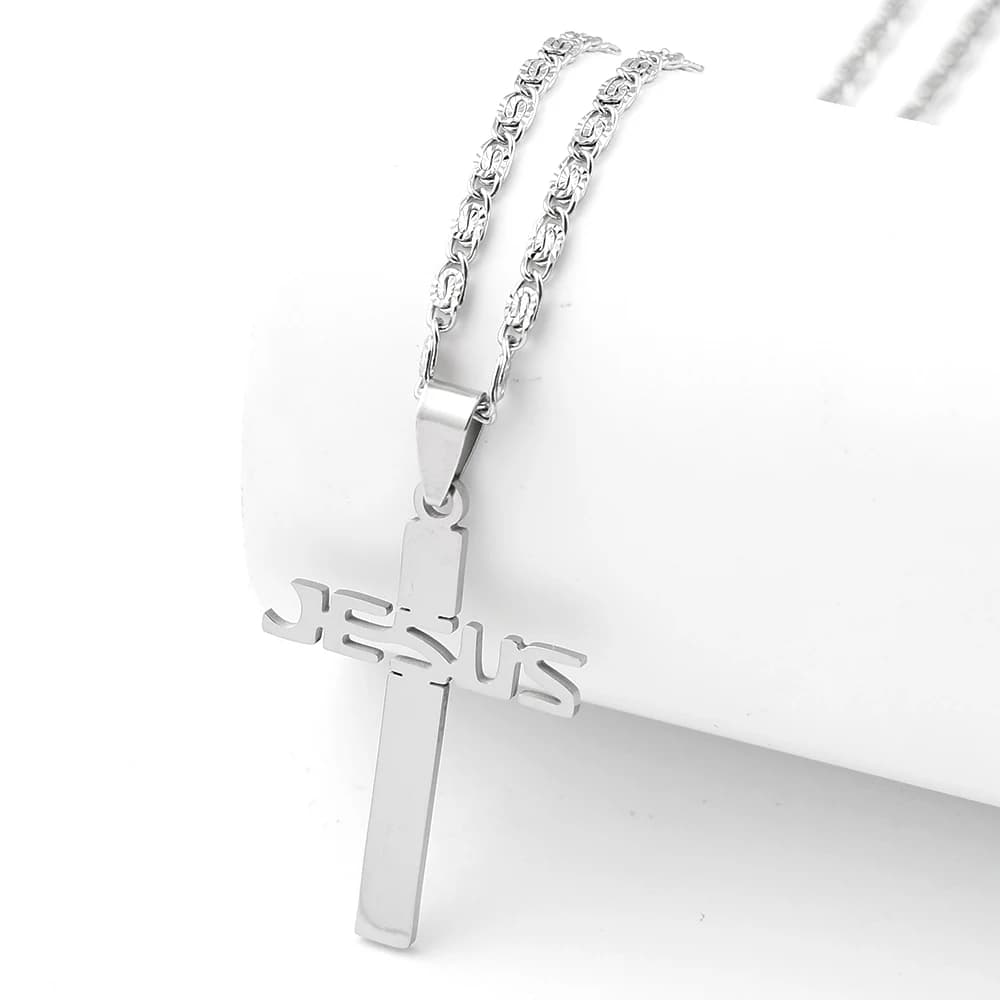 Collier pendentif croix de Jésus à carreaux chrétiens pour homme et femme, en acier inoxydable coule