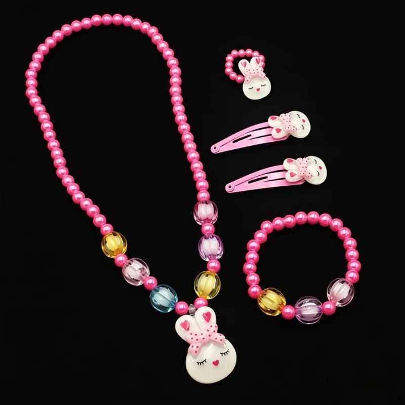 Ensemble de bijoux pour enfants en forme de lapin vert scintillant - Collier, bracelet, boucles d'or