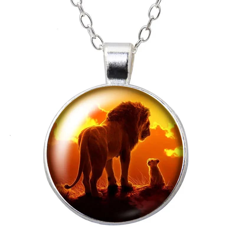 Collier avec pendentif en verre rond, motif Lion King Simba Family King of the Forest, plaqué argent