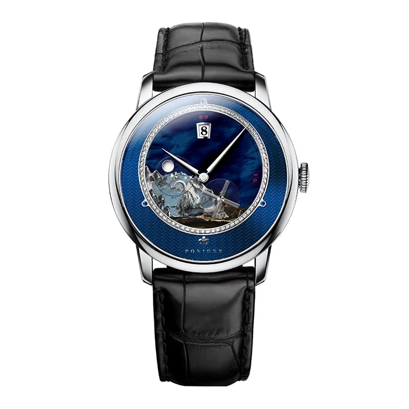 Montre-bracelet PONIGER en verre saphir, cadran peint, bracelet en cuir, automatique, mouvement MIYO