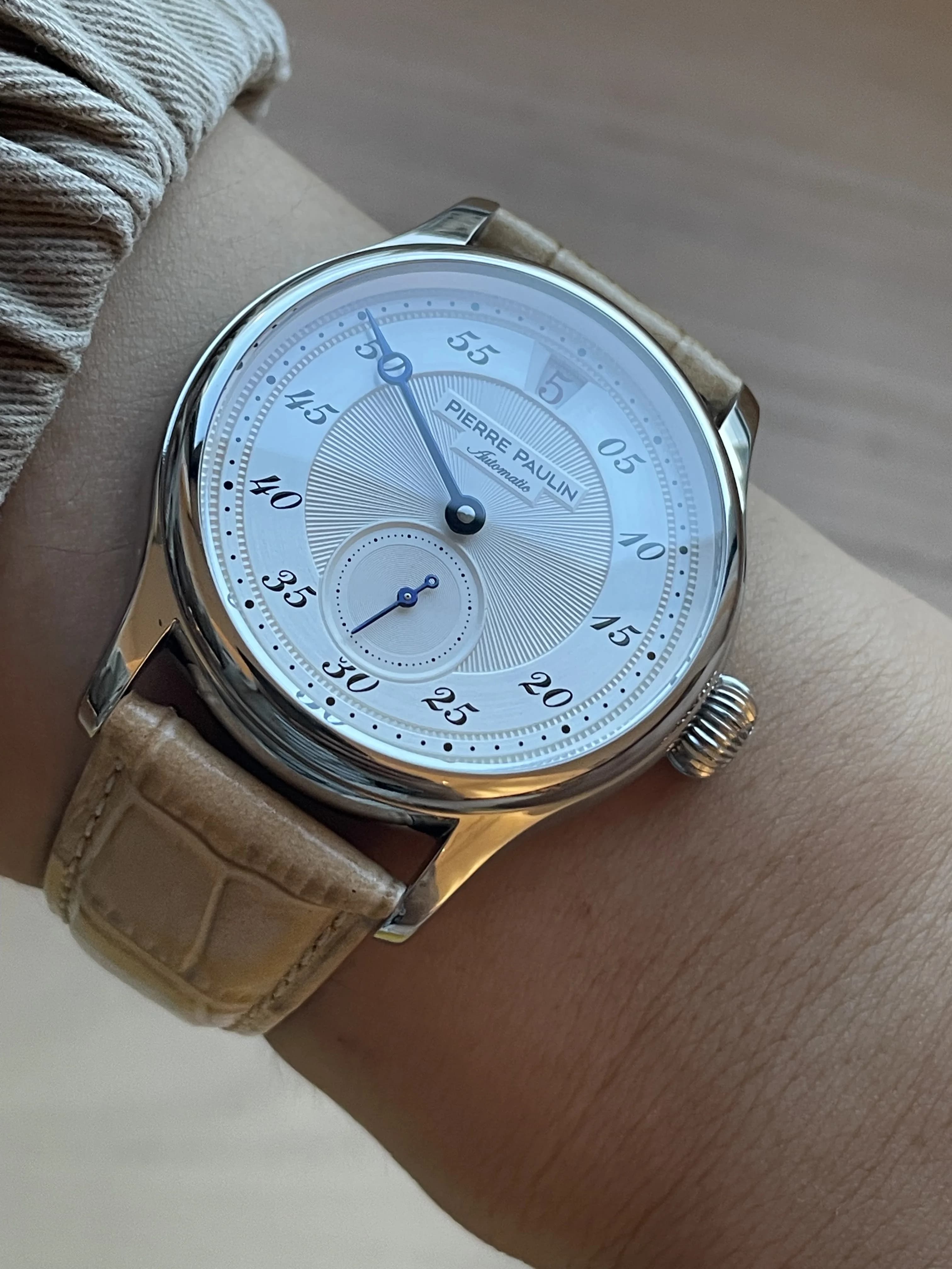 42mm PIERRE PAULIN sauter heure montre hommes saumon cadran saphir montre pour hommes automatique mé