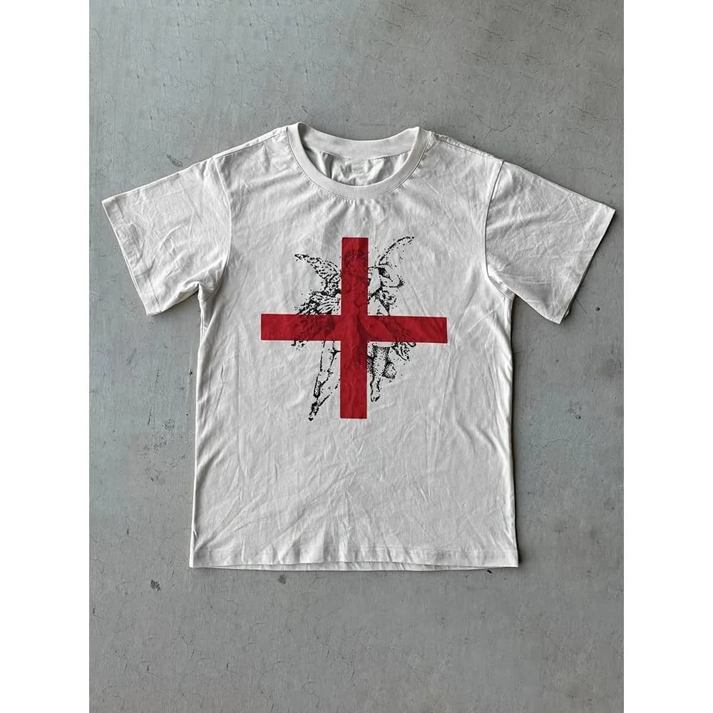T-shirt imprimé croix rouge de la subculture gothique sombre pour hommes, nouveau style d'été adapté