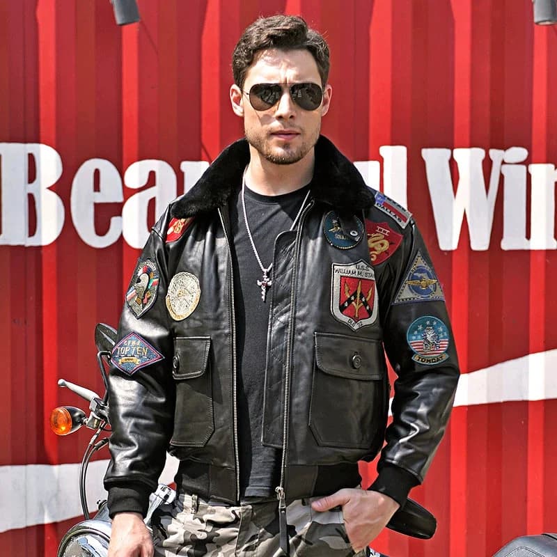 Veste en cuir de pilote d'hiver noire G1 avec col en laine de mouton naturelle véritable, style mili