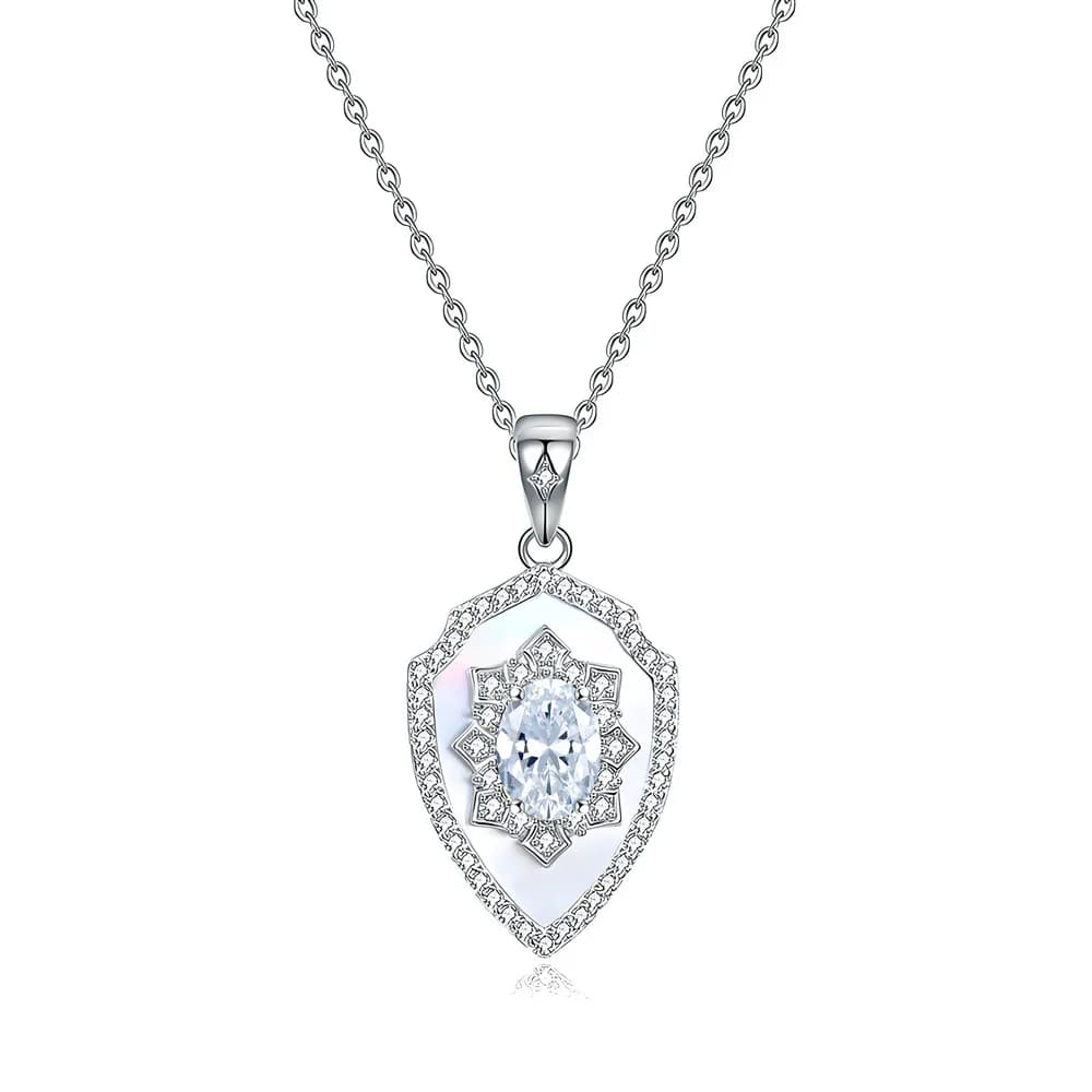 Nouveau Pendentif Bouclier Chevalier en Argent Sterling S925, Nacre Blanche et Diamant Bleu Marine à