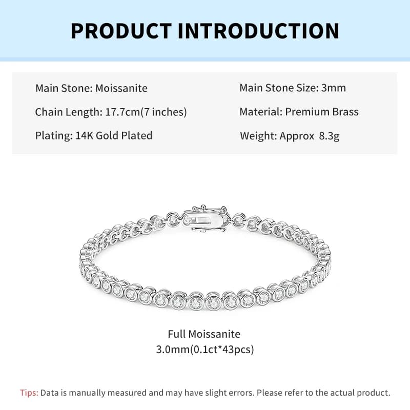 Bracelet Tennis Rrjzz Éclatant en Moissanite D-Color de 3 mm, Sertissage à la Breloque, pour Femme, 