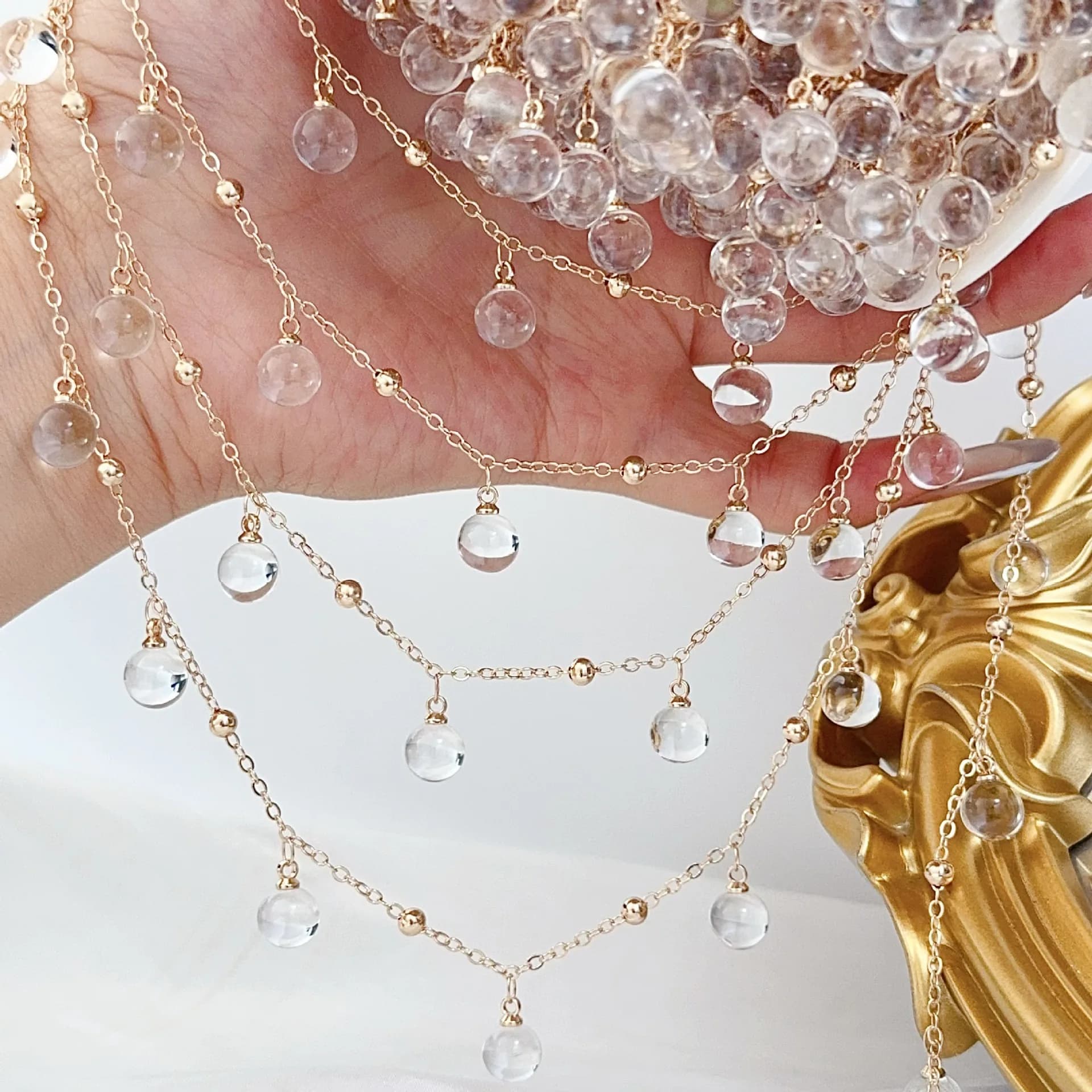 Pendentif de perles de verre rondes transparentes de 1 mètre, chaîne en métal pour bricolage, collie