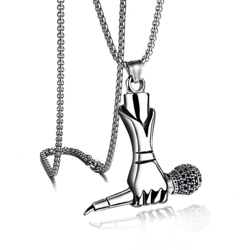 Collier avec pendentif Microphone et main pour femmes et hommes, chaîne en acier inoxydable, couleur