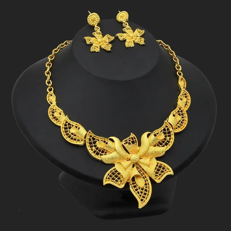 Ensemble de bijoux pour femmes, collier et boucles d'oreilles à fleurs africaines, plaqué or 24 cara