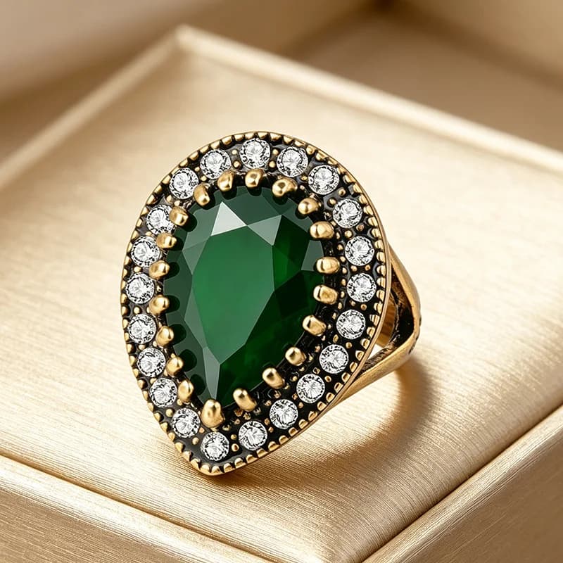 Bague vintage de style turc avec grande pierre en forme de larme, plaquée or rétro, halo de zircon, 