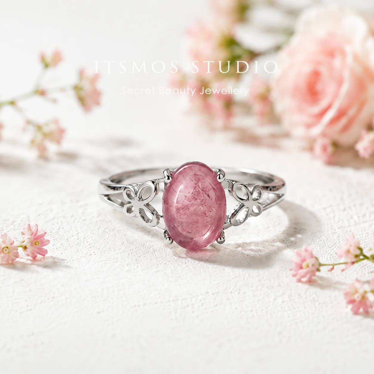 ITSMOS Bague en Quartz Rose Pierre d'Amour Naturelle Papillon Guérison Émotionnelle Coquette Pierre