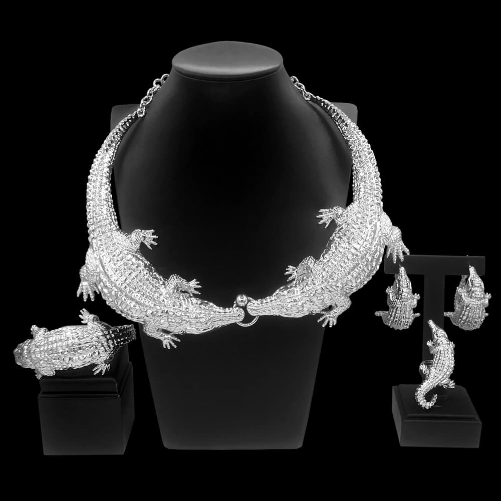 Ensemble de bijoux pour femmes, collier Crocodile plaqué or italien, bague Design Animal, grand coll