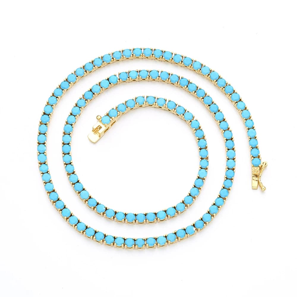 Collier Ras du Cou Tennis en Argent Sterling 925, Pierres Bleues Turquoise de 3mm, Plaqué Or 18K et 