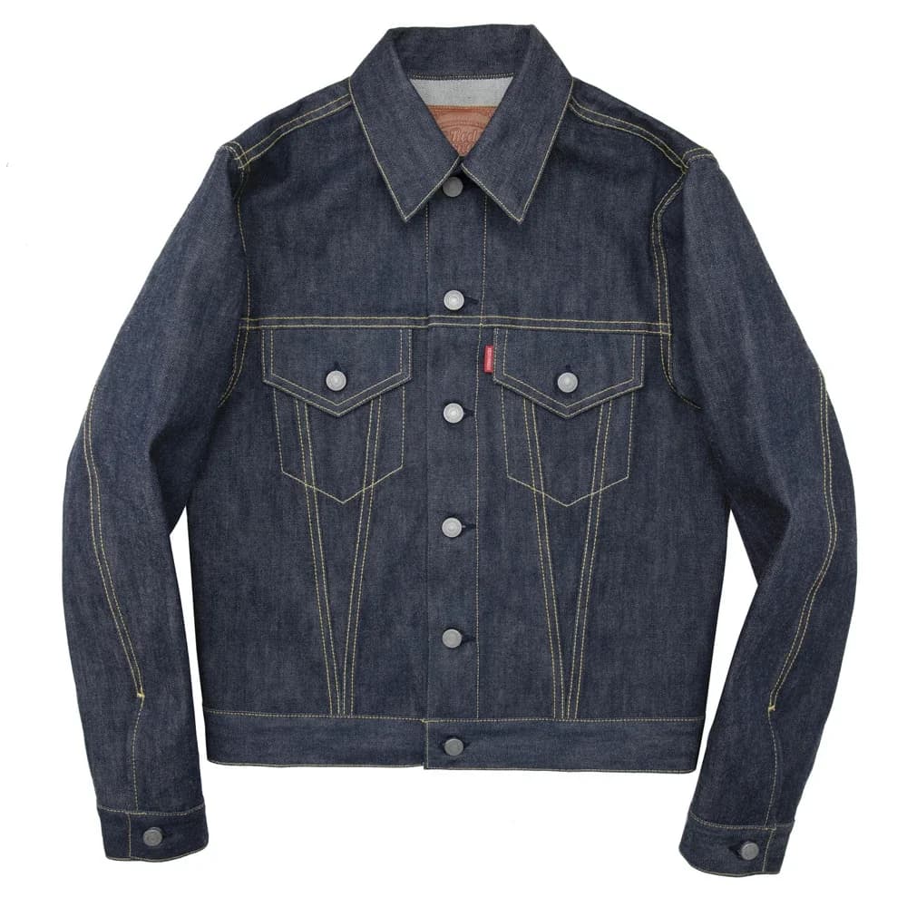 Veste en jean type 3 Red Tornado pour homme, jean de camionneur, lisière rouge, manteau en denim bru
