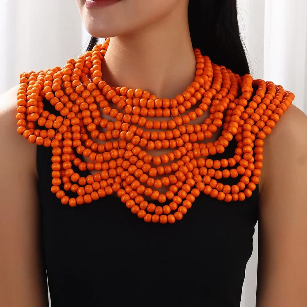 Nouveau design, collier bib fantaisie en perles de bois faites à la main, pour femmes, accessoires d