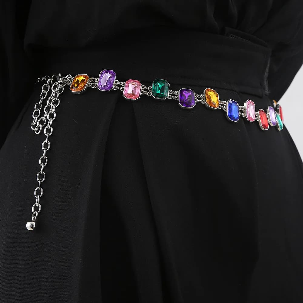 Chaîne de taille tendance en métal avec strass colorés pour la décoration de robes, style vintage, p