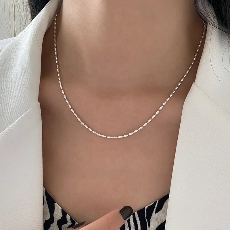 Collier en argent sterling S925 avec perles en forme de riz, style minimaliste pour femme, chaîne si