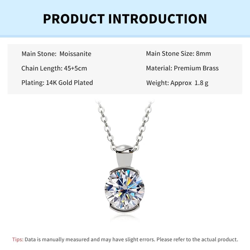 Rrjzz – collier pendentif solitaire en Moissanite VVS1 D-Color pour femmes, 8mm, 2CT, certifié GRA, 