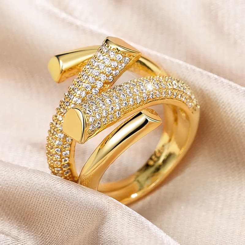 Bague Huitan en forme d'hyperbole géométrique couleur or, luxueuse, pavée de zircons étincelants, po