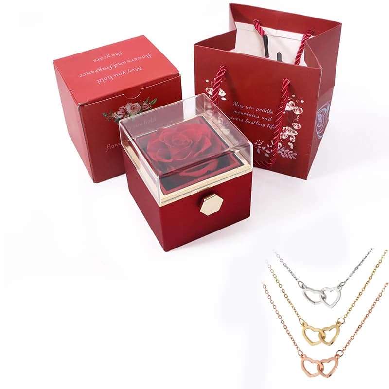 Boîte de roses éternelles, collier en forme de cœur et boîte cadeau de fleur de savon, collier perso