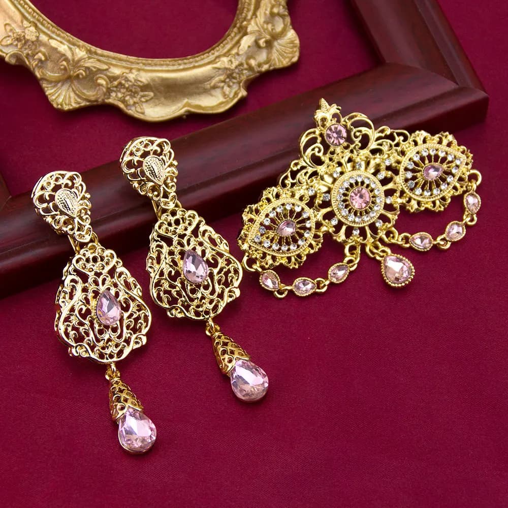 Bijoux marocains couleur or Caftan broche boucles d'oreilles ensembles pour femmes arabe mariée ethn