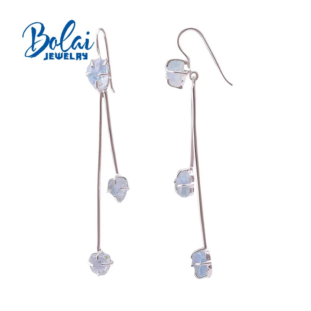 100% 11.5ct aqumarine pierre précieuse brute longue boucle d'oreille 925 en argent sterling bijoux f