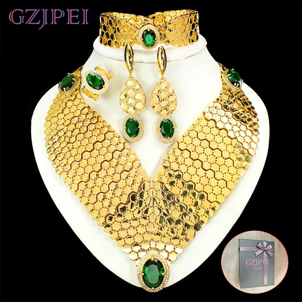 GZJPEI 2026 Nouvel ensemble de bijoux en zircon vert, bijoux de mariage de luxe, accessoires pour fe