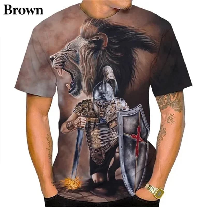T-shirt imprimé 3D Chevaliers Templiers pour Hommes, Motif Croix de Croisier Guerrier Cheval, Street