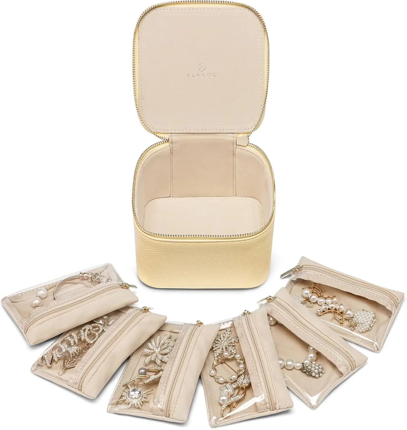 Boîte à bijoux de voyage en cuir véritable pour femme, étui à bijoux simple, 6 poches zippées en vel