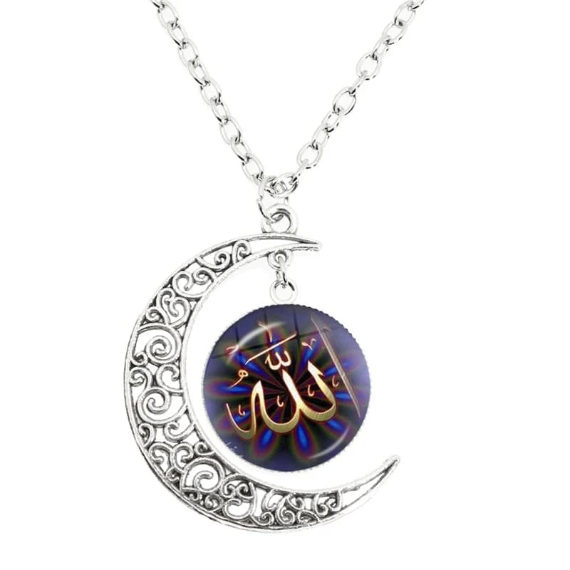 Collier de lune arabe musulmane islamique, pendentif en verre avec Logo Allah, fait à la main, cadea