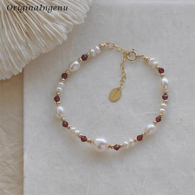 Bracelet en Grenat Naturel Rempli d'Or 14K, Perles Biologiques Faites à la Main, Étanche, Bijoux de 