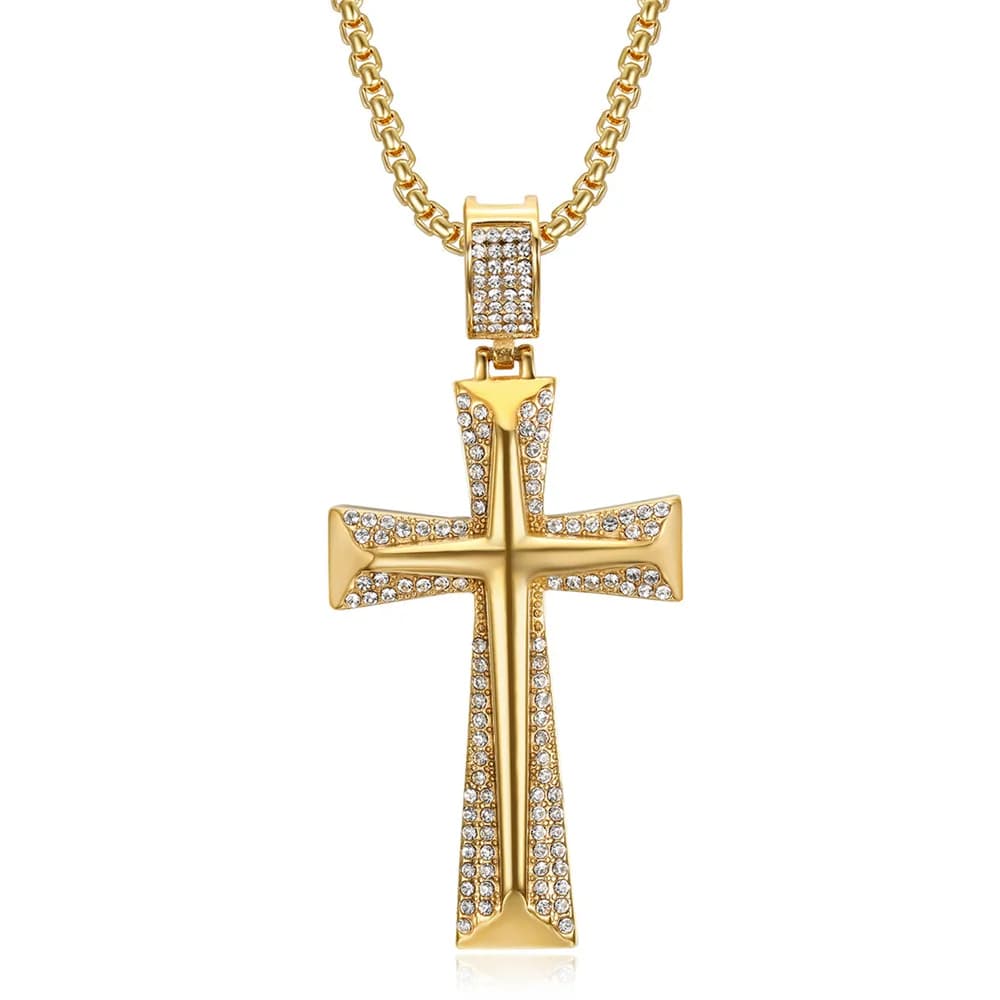 Hip Hop glacé grand chevalier croix pendentif mâle couleur or acier inoxydable collier chrétien pour