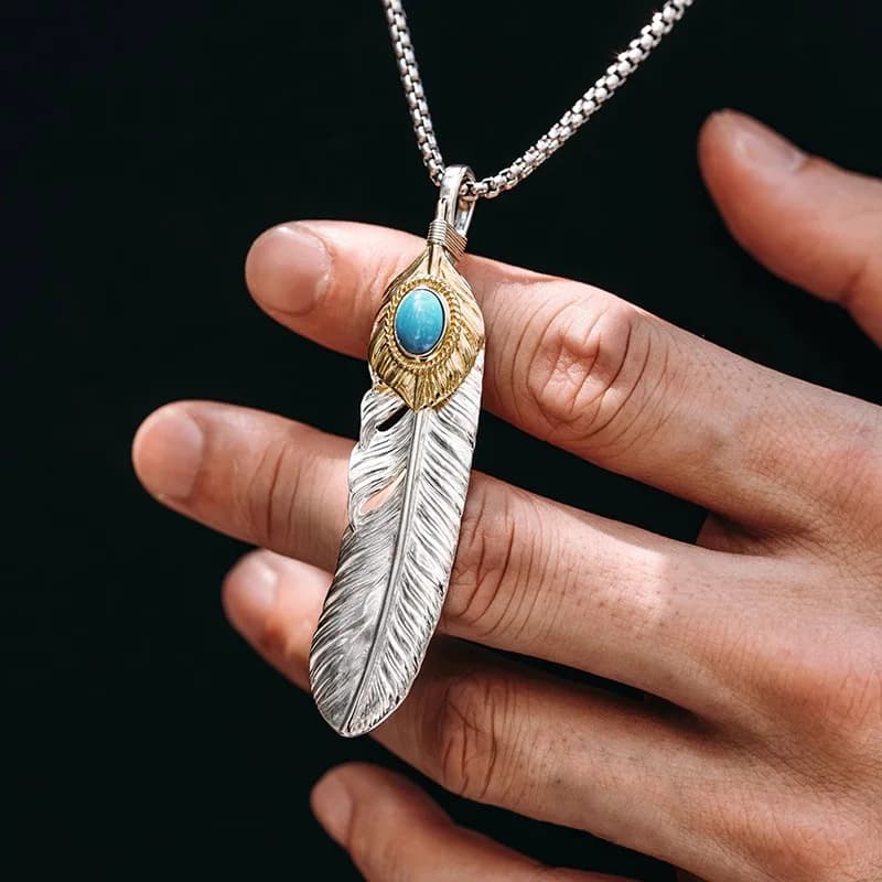 Collier Pendentif Plume Turquoise Élégant pour Homme – Tendance, Polyvalent, Forme Géométrique, Styl