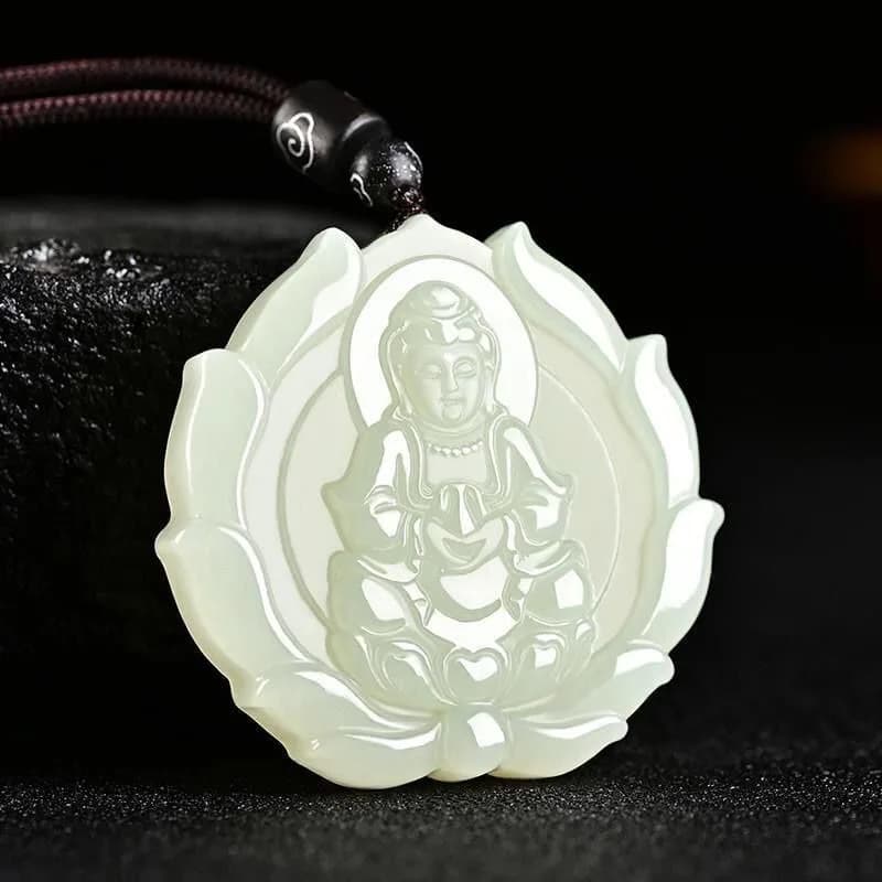 Pendentif Guanyin en Jade bleu naturel élégant, collier de Style ethnique classique, bijoux (corde a