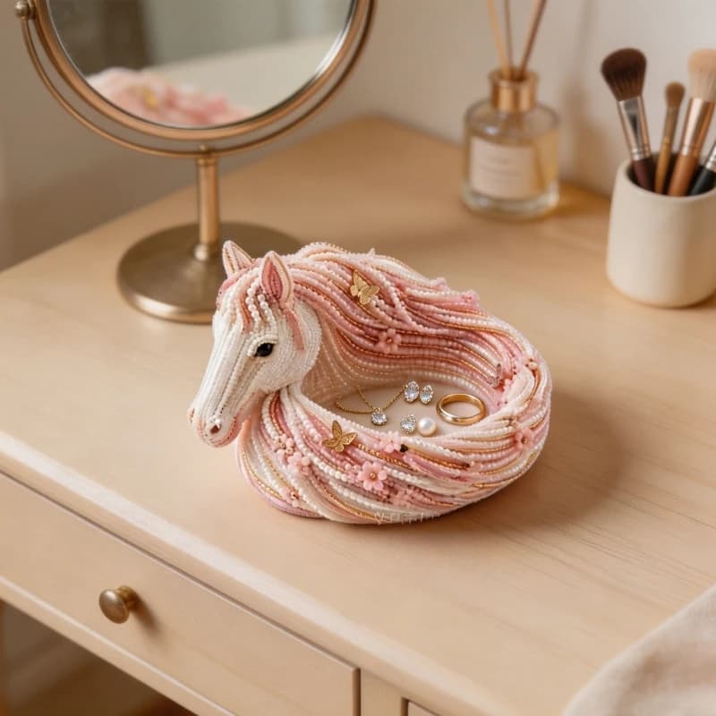 Plat à bijoux tête cheval rose blanc texturé PET, plateau rangement bureau, organisateur commode déc