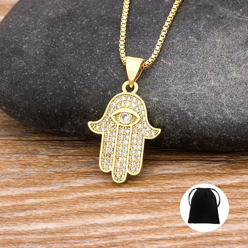 Collier à main Hamsa pour hommes et femmes, couleur or, Zircon AAA, pendentif mauvais œil et chaîne 