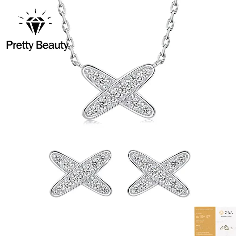 Ensemble de bijoux en argent 925 et moissanite Pretty Beauty pour femmes, collier avec pendentif en forme de croix et boucles d'oreilles, bijoux délicats, cadeau