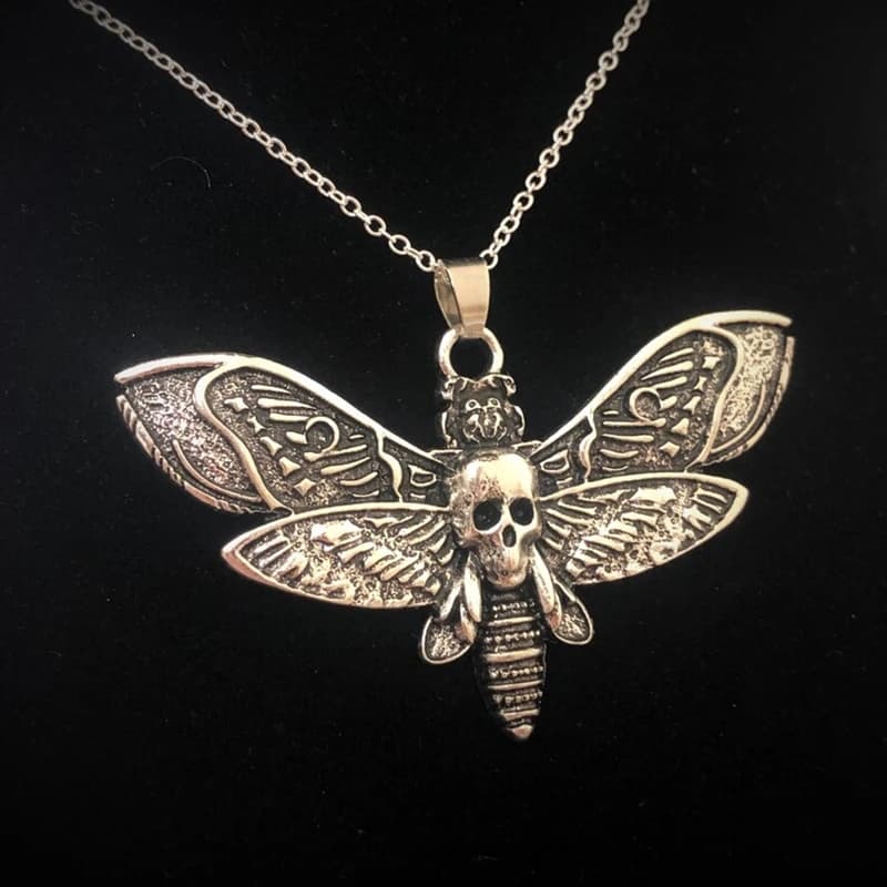 Collier pendentif papillon mort, chaîne de 18 pouces, crâne de sucre, papillon gothique, Rock Emo Goth, couleur argent, chaîne solide de 18 pouces