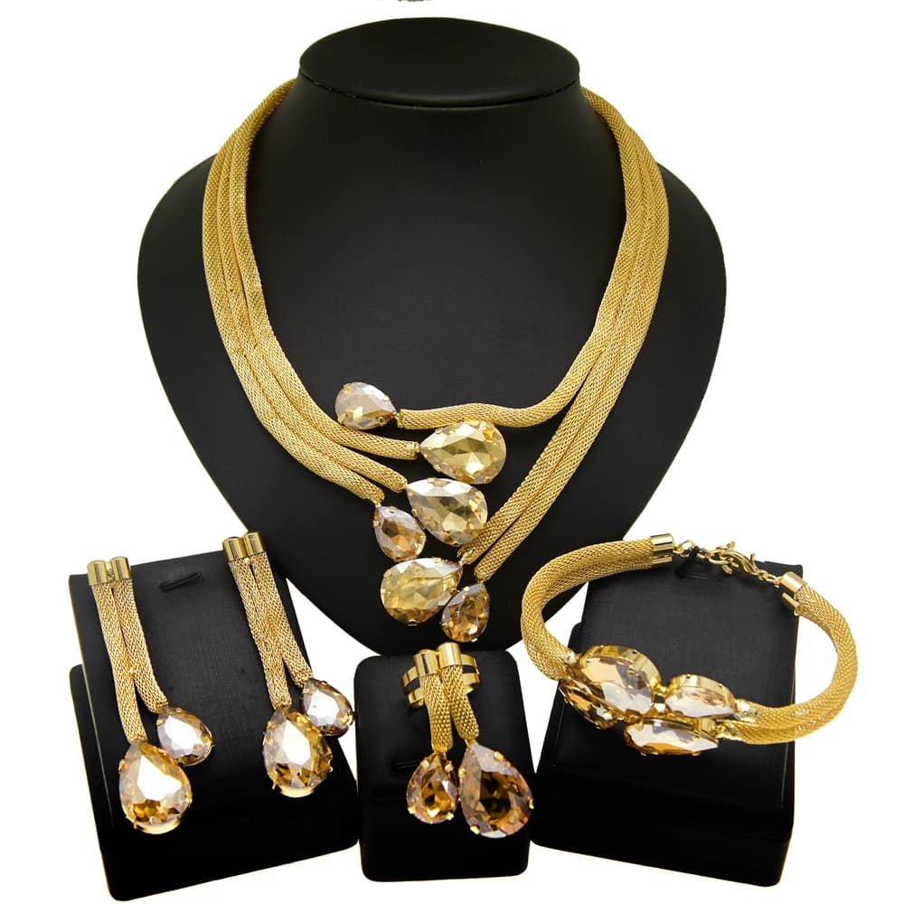 Ensemble de bijoux en plaqué or 24 carats pour femme, collier de style brésilien, boucle d'oreille pendante, biscuits violet et champagne, original