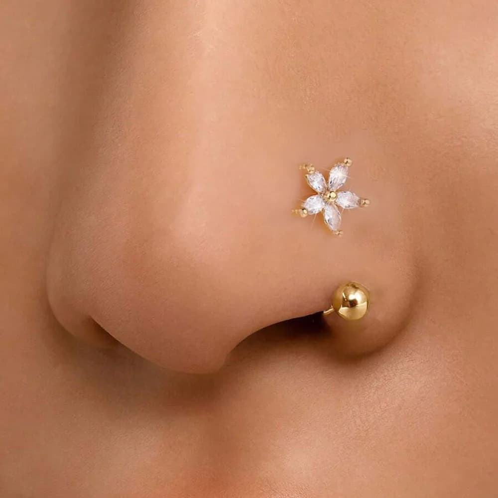 Anneau de nez en forme de fleur en Zircon, bijoux de perçage en acier inoxydable plaqué or 14K pour femmes, accessoire de perçage corporel à usage quotidien, 1 pièce